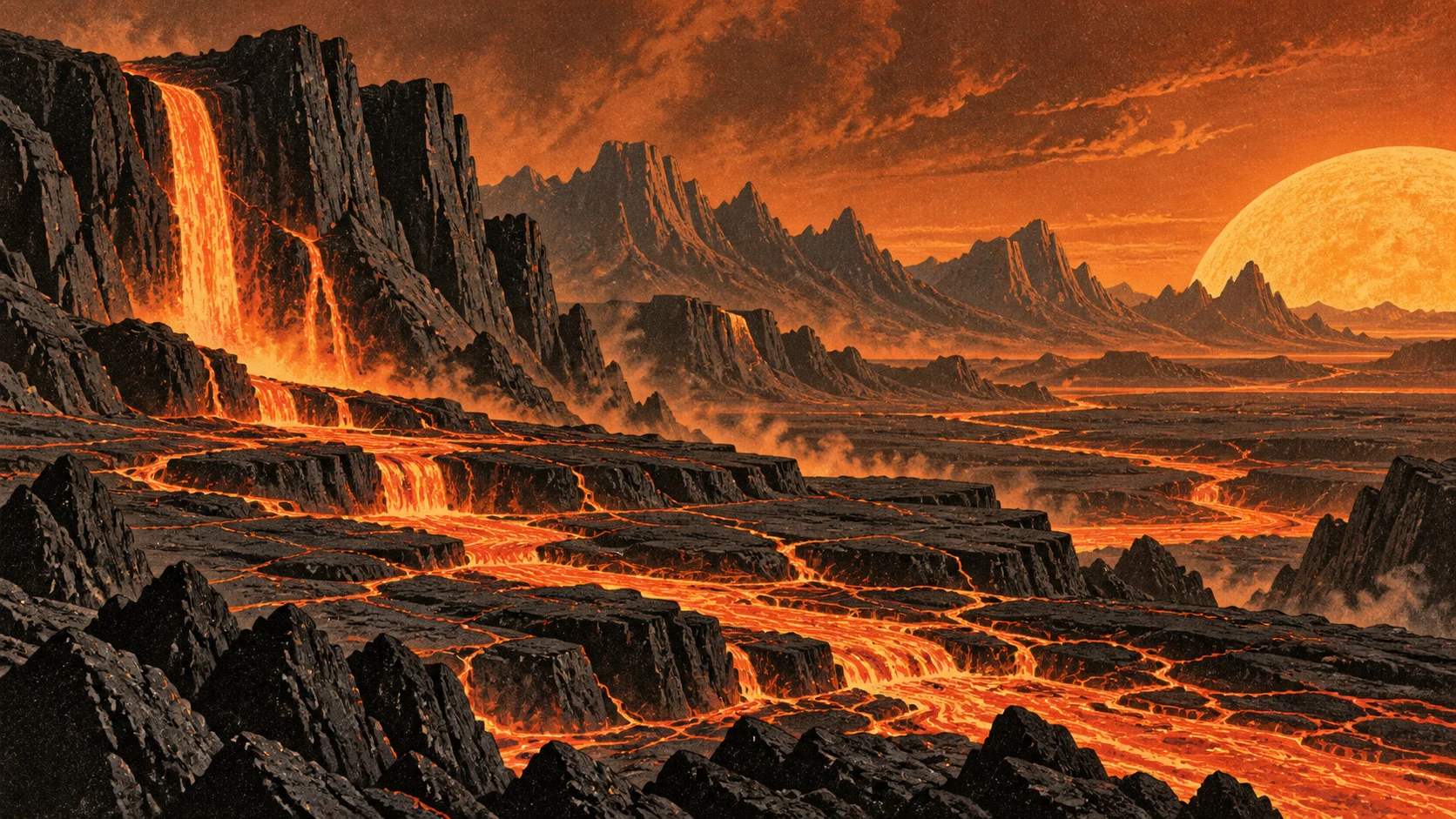 An illustrated volcanic landscape on 55 Cancri e