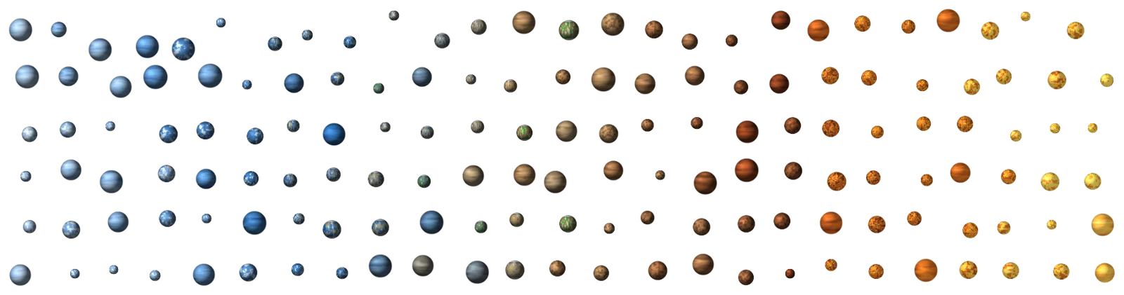 Dozens of rendered planets arranged from icy blue worlds on the left to scorching hot worlds on the right